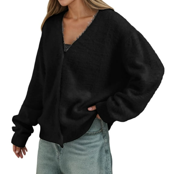 UJNDER Women's Soft Cardigan Long Sleeve Knit Sweater for Loose Fit Casual Fall Winter Outwear and Cozy Top Black L