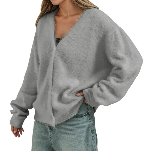 UJNDER Women's Soft Cardigan Long Sleeve Knit Sweater for Loose Fit Casual Fall Winter Outwear and Cozy Top Light Gray L