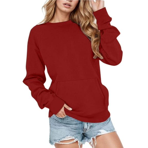 UJNDER Women's Soft Pullover Hoodless Sweatshirt Cozy Winter Workout Top with Pocket Comfortable Casual Crewneck Athletic Shirt Brick Red M