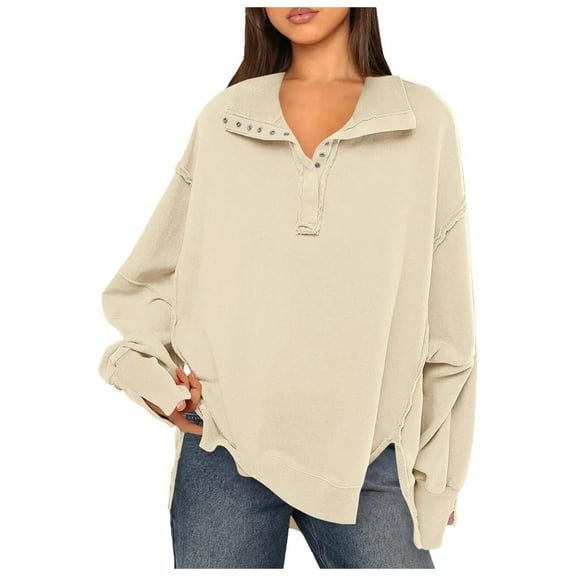 UJNDER Women's Solid Color Button Detail Sweatshirt Sleeve V Neck Lapel Loose Fit Beige M