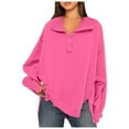 thumbnail image 1 of UJNDER Women's Solid Color Button Detail Sweatshirt Sleeve V Neck Lapel Loose Fit Hot Pink XL, 1 of 8