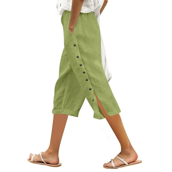UJNDER Women's Solid Color Capri Casual Pants Elastic Waist Loose Fit Side Button Functional Army Green XXL