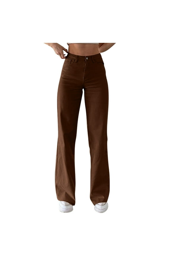 Women's Solid Color Casual Jeans Slim Waist Straight Leg Loose Fit Sagging Style Denim Pants Brown M