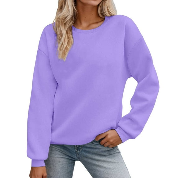 UJNDER Women's Solid Color Crewneck Sweatshirt Long Sleeve Casual Pullover Fall Winter Basic Sweatshirts for Women Purple S
