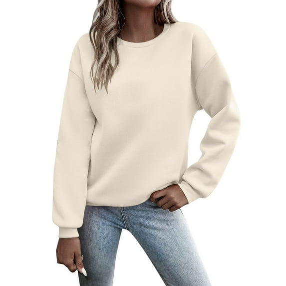 UJNDER Women's Solid Color Crewneck Sweatshirt Long Sleeve Casual Pullover Fall Winter Loose Sweatshirts for Women Beige S