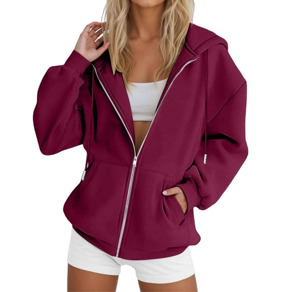 UJNDER Women's Solid Color Hooded Sweatshirt Long Sleeve Zip Up Pocket Casual Loose Fit Pullover Hoodies for Women Dark Red XXXL