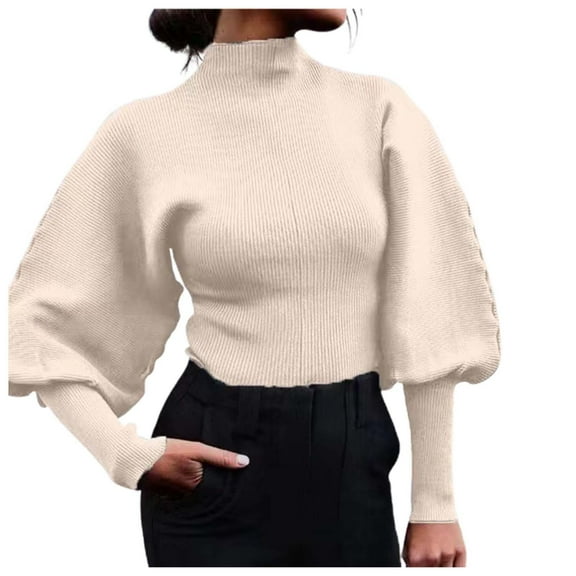 UJNDER Women's Solid Color Knitted Sleeve Long Sleeve Turtleneck Pullover Sweater Tops for Women Fall Winter Cozy Beige L