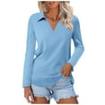 thumbnail image 1 of UJNDER Women's Solid Color Long Sleeve Lapel V Neck T Shirts for Women Casual Top for Fall Wear Blue L, 1 of 3