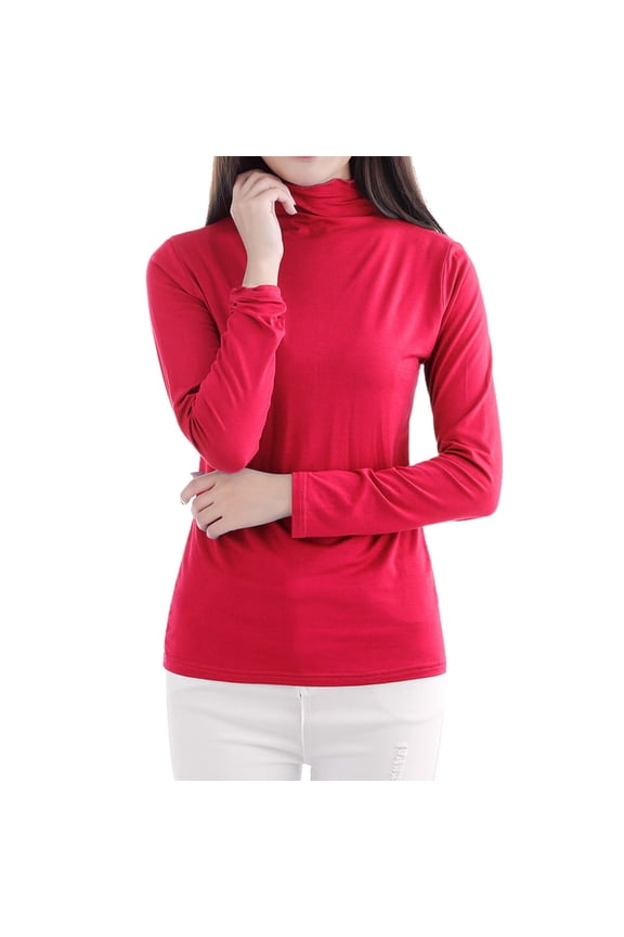 Women's Solid Color Long Sleeve Turtleneck Bottoming Shirt Turtleneck Tops for Women Red L