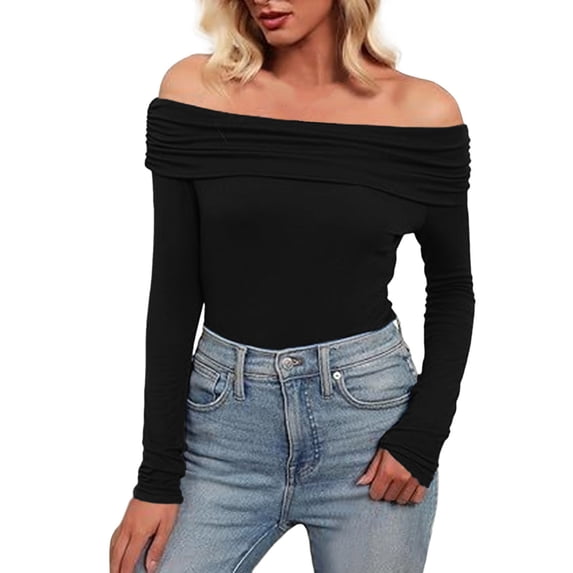 UJNDER Women's Solid Color Off Shoulder Warm Top for Slim Long Sleeved Bottoming Shirt and Casual Outfits Black XL