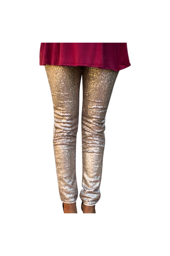 Women's Solid Color Sequin Shiny Slim Fit Leggings for Casual Wear and Parties Beige XXL