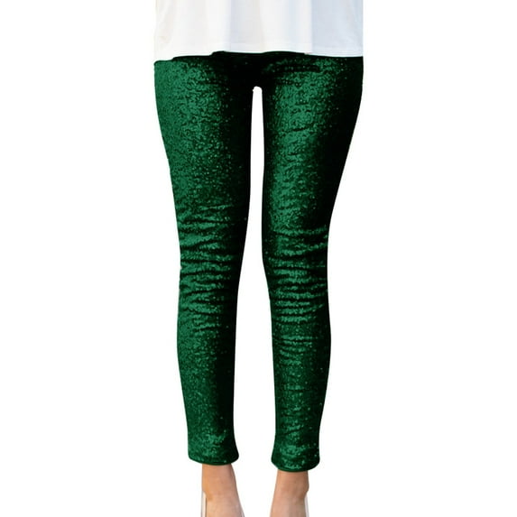 UJNDER Women's Solid Color Sequin Shiny Slim Fit Leggings for Casual Wear and Parties Green M