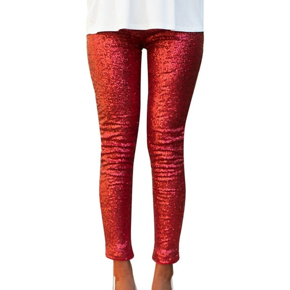 UJNDER Women's Solid Color Sequin Shiny Slim Fit Leggings for Casual Wear and Parties Red S