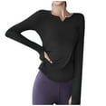 thumbnail image 1 of UJNDER Women's Solid Color V Neck Thumb Cover Waist Fold Design Fashion Running Fitness Cycling Wear Yoga Wear Tops for Women Long Sleeve T Shirt Black L, 1 of 4