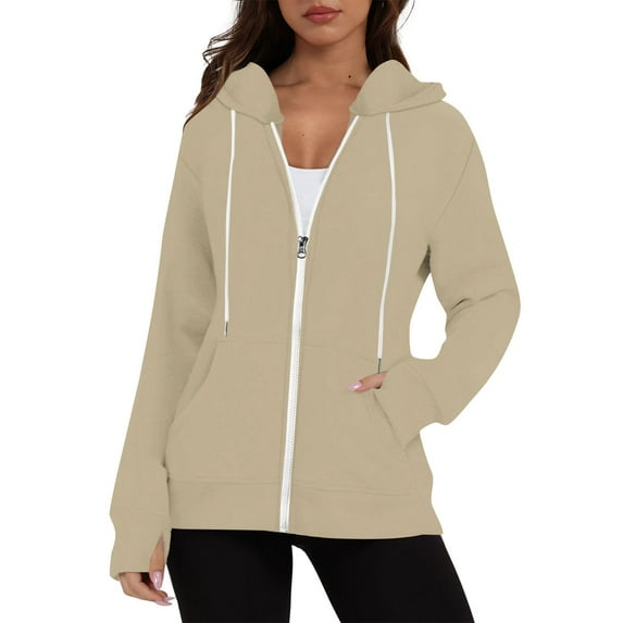 UJNDER Women's Solid Color Zip Up Hoodies for Women Long Sleeve Pocket Drawstring Thumbhole Khaki XL