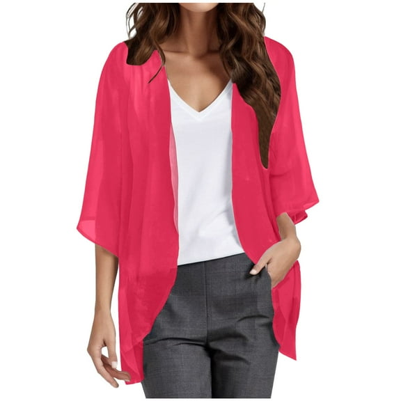 UJNDER Women's Solid Elegant Puff Sleeve Chiffon Cardigan for Loose Cover Up Casual Blouse Tops and Fall Outfits Hot Pink XXXL