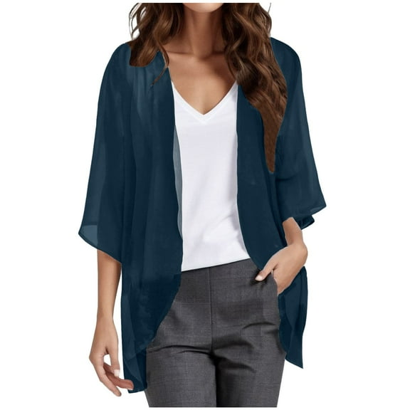 UJNDER Women's Solid Elegant Puff Sleeve Chiffon Cardigan for Loose Cover Up Casual Blouse Tops and Fall Outfits Navy #1 XXXXXL