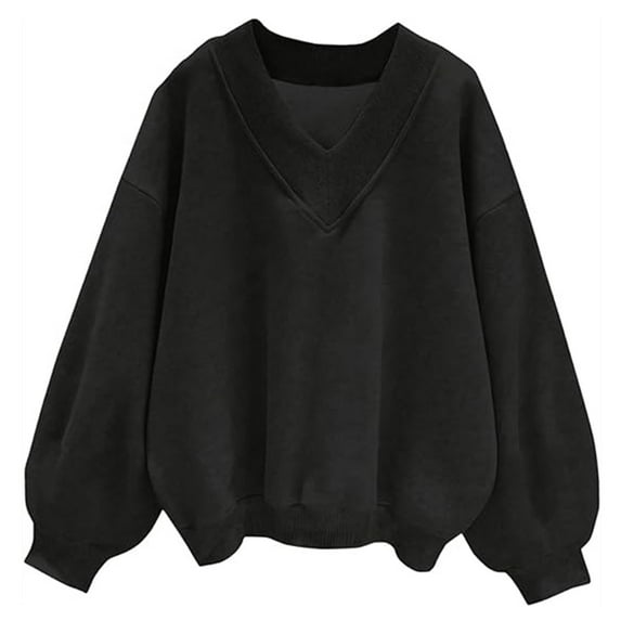 UJNDER Women's Solid Oversized Sweatshirt V Neck Long Sleeve Pullover Top Casual Comfort Fit Black XXL