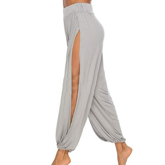 UJNDER Women's Sporty Yoga Pants High Slit Bohemian Harem Style for Athletic Comfort Grey L