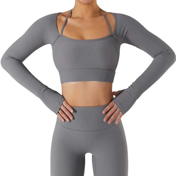 UJNDER Women's Square Neck Crop Top Ribbed Seamless Long Sleeve Workout Tops with Built In Bra for Yoga Grey Gray