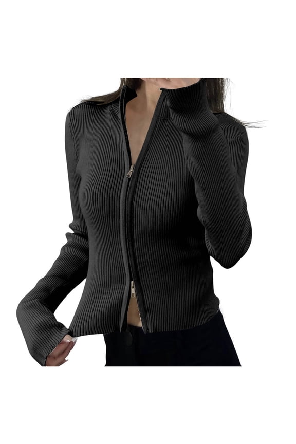 Women's Stand Up Collar Striped Double Zip Sweater Jacket Tight Stretch Top Black S
