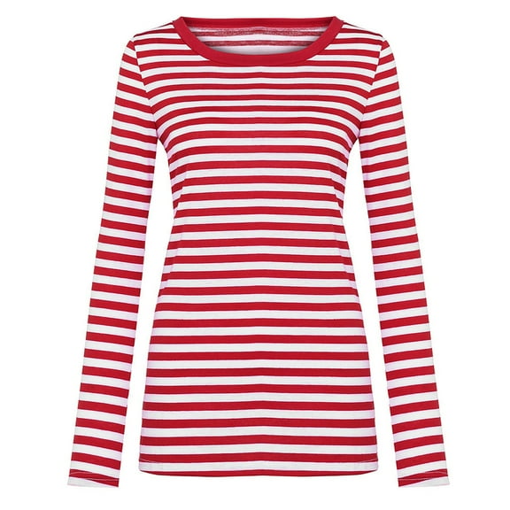 UJNDER Women's Striped Seersucker Long Sleeve T-Shirt Round Neck Line Tops for Casual Unisex Wear Red Red