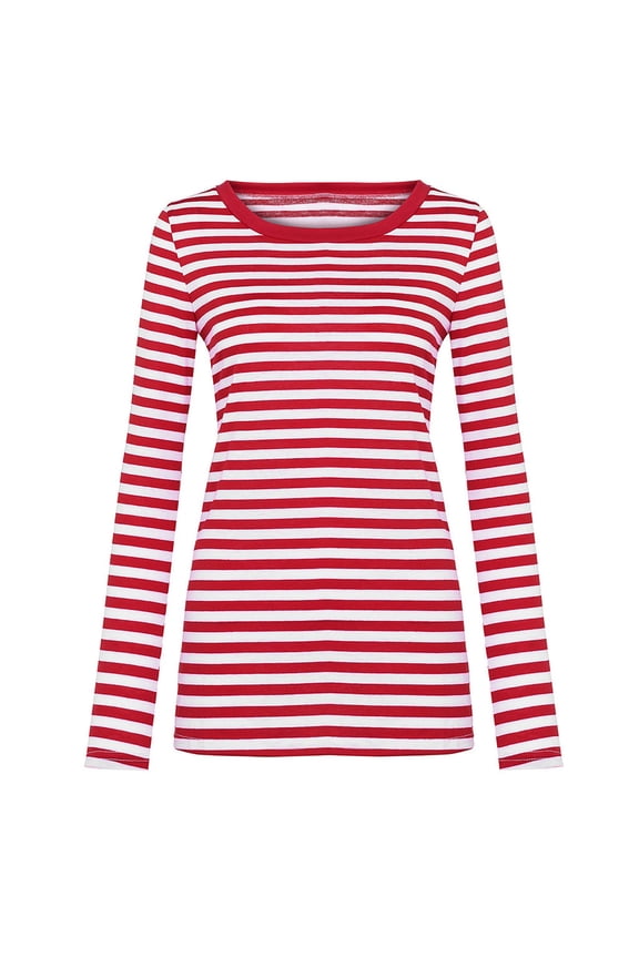 Women's Striped Seersucker Long Sleeve T-Shirt Round Neck Line Tops for Casual Unisex Wear Red Red
