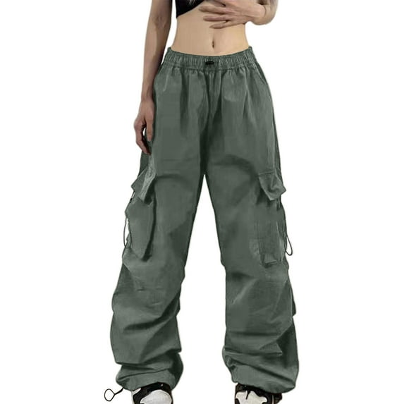 UJNDER Women's Summer Cargo Parachute Pants Loose Fit Street Style with Pockets Green XXL