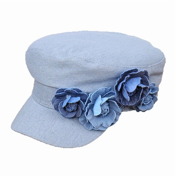 UJNDER Women's Summer Denim Flat Top Hat with Three Colorful Flowers Fashionable Small Beret for Casual Days and Outings Light Blue