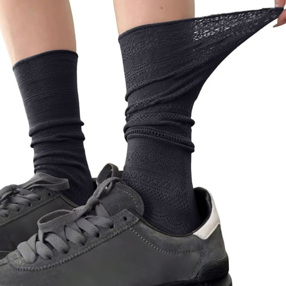 UJNDER Women's Summer Thin Mesh Lace Stockings Stacked Knee High Socks Retro Black