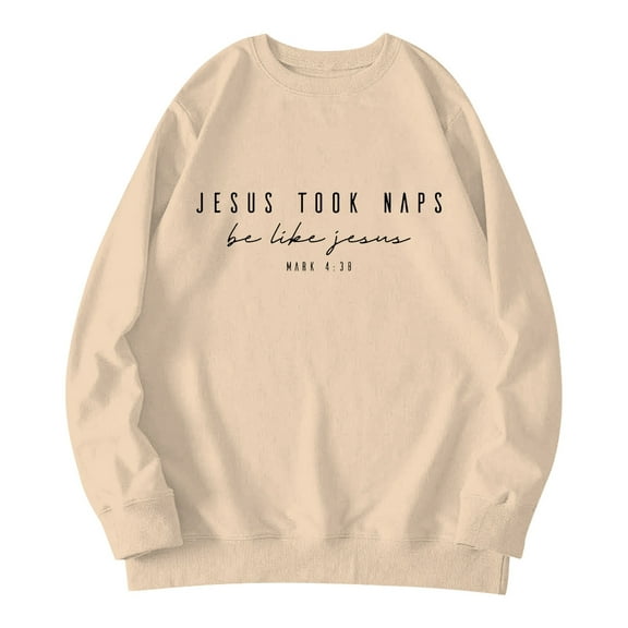 UJNDER Women's Jesus Letter Print Round Neck Pullover Sweatshirt Long Sleeve Casual Comfort Top Khaki L