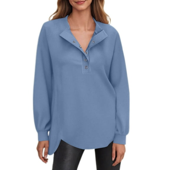 UJNDER Women's Sweatshirt Solid Color Button Down Crew Neck Pullover Long Sleeve Casual Knit Blue M