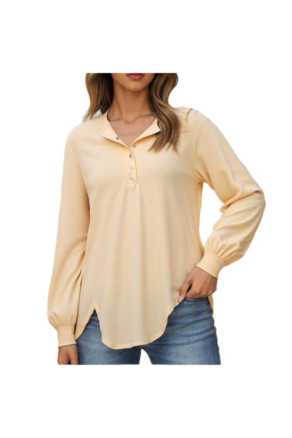 Women's Sweatshirt Solid Color Button Down Crew Neck Pullover Long Sleeve Casual Knit Light Yellow XXL