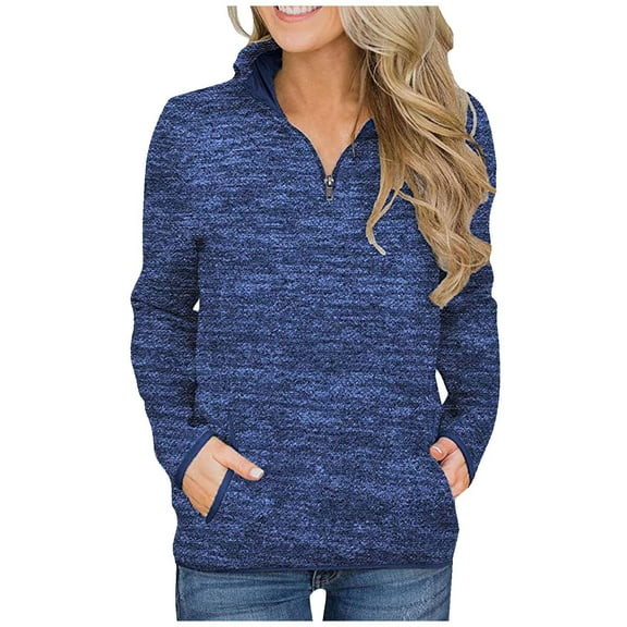 UJNDER Women's Sweatshirt Solid Color Stand Collar Zipper Pullover Long Sleeve Casual Winter Blue L