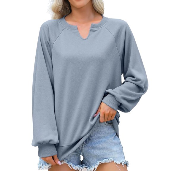 UJNDER Women's Sweatshirt Solid Color V Neck Pullover Long Sleeve Casual Loose Comfortable Light Blue L