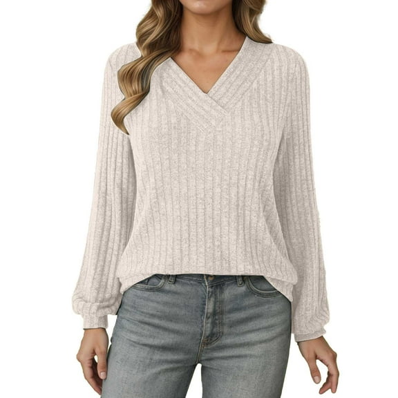 UJNDER Women's Sweatshirt V Neck Striped Pullover Long Sleeve Casual Loose European Style Beige L