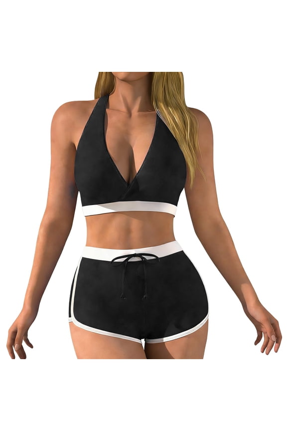 Women's Swimwear Fashionable Two Piece Bikini Top with High Waisted Bottoms for Beach and Pool Swimming Suits for Women Black L