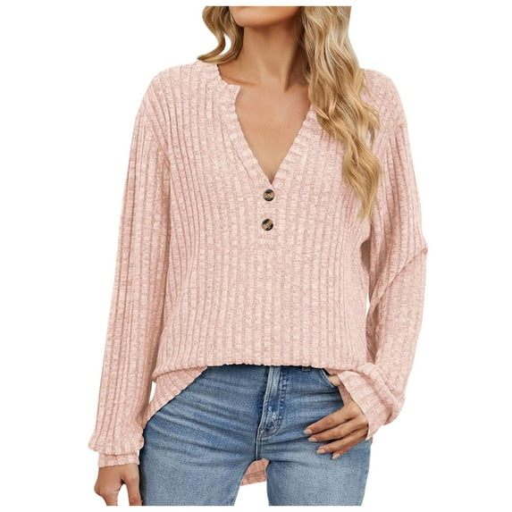 UJNDER Women's Tops Ribbed Knit Long Sleeve Shirts Tunics Button V Neck Blouses Casual Fall Outfits Tops for Women Pink L