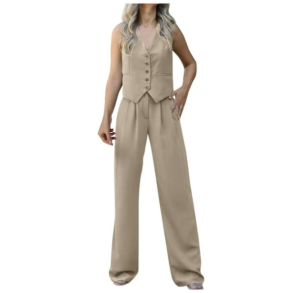 UJNDER Women's Two Piece Casual Outfits Button Sleeveless Vest Shirt Straight Wide Leg Trousers with Pockets Pant Suits for Women Grey S