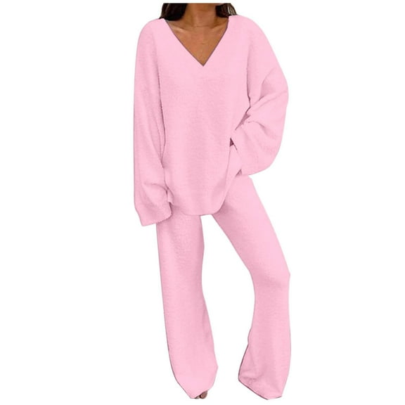 UJNDER Women's Two Piece Pullover Sweater Set Oversized V Neck Tops Wide Leg Long Pants Tracksuit Outfit Pant Suits for Women Pink L