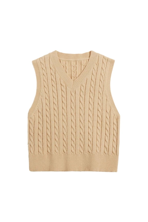 Women's V Neck Knitted Pullover Vest Sweater Sleeveless Top Sweater Vest Khaki XL