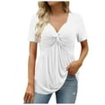 thumbnail image 1 of UJNDER Women's V Neck Short Sleeve Front Knotted Warm Top for Casual Solid Tops and Everyday Outfits White L, 1 of 6