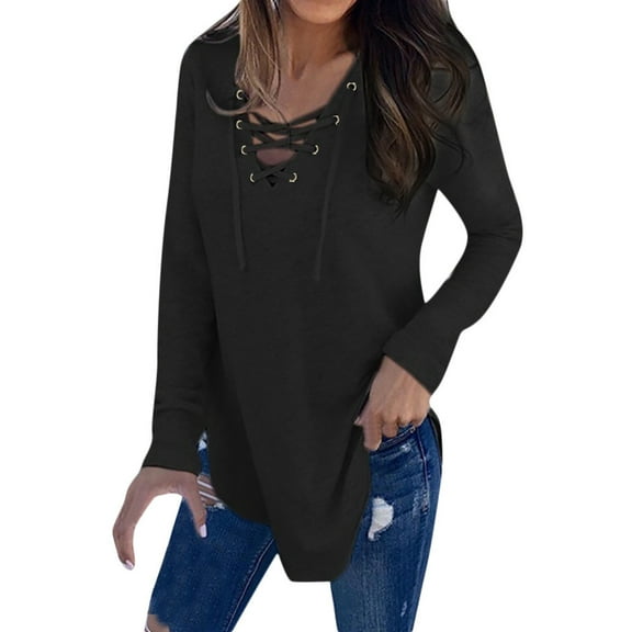 UJNDER Women's V Neck Strap Long Sleeve T-Shirt Top Autumn Blouse Tops for Women Layering Piece Black XL