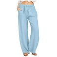 thumbnail image 1 of UJNDER Women's Wide Leg Drawstring Pants Casual Linen Elastic Waist Solid Loose Trousers Light Blue S, 1 of 5