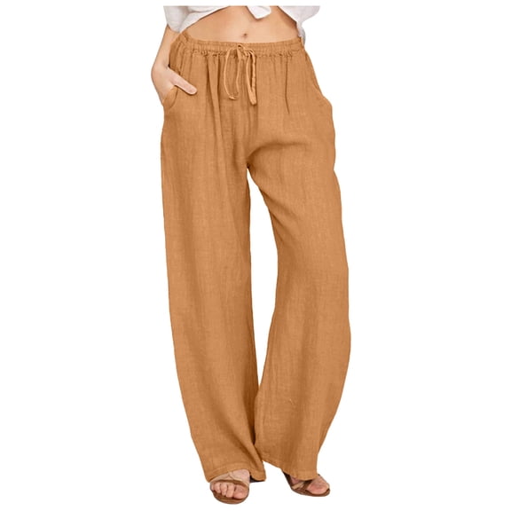 UJNDER Women's Wide Leg Drawstring Pants Casual Linen Elastic Waist Solid Loose Trousers Orange L