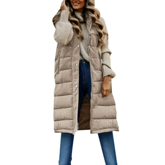 UJNDER Women's Winter Sleeveless Coat Vest Long Hoodie Cardigan with Pockets for Quilted Outdoor Jacket and Warm Outfits Beige L