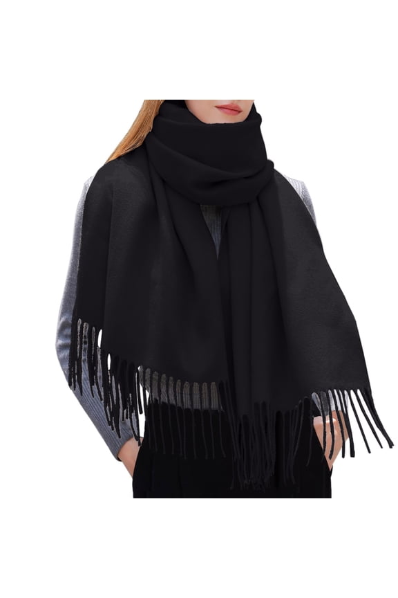 Women's Winter Solid Color Tassel Shawl Warm Scarf Set Stylish Cozy Accessories for Cold Weather Black