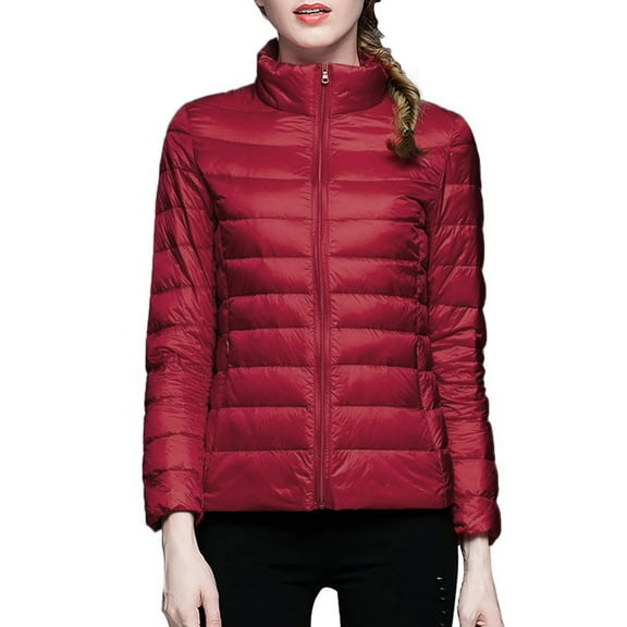 UJNDER Women's Winter Thin and Light Down Coat Slim Quilted Jacket for Women Casual Outerwear with Stand Collar Red L