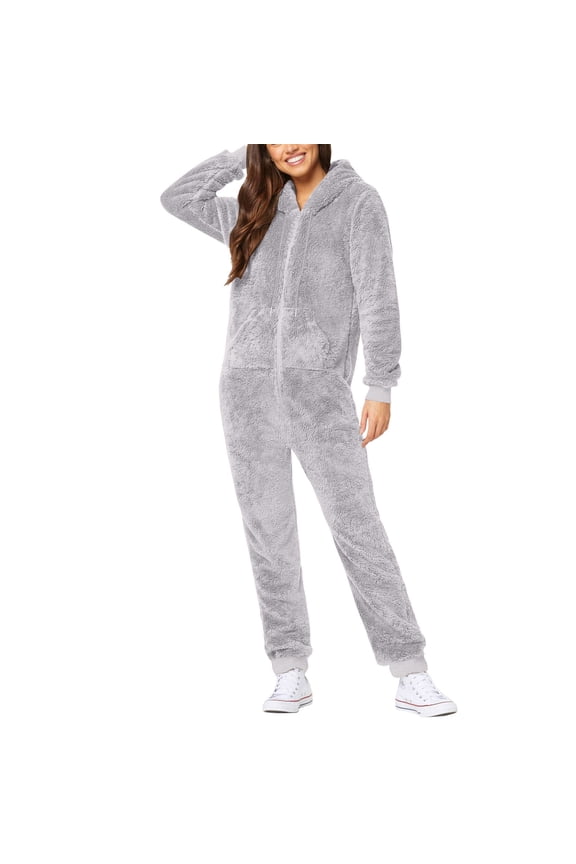 Women's Wool Long Sleeve Pajamas Casual Solid Color Zipper Loose Hooded Jumpsuit Winter Warm Romper Suit Sleepwear Coats for Women Grey XXXXL