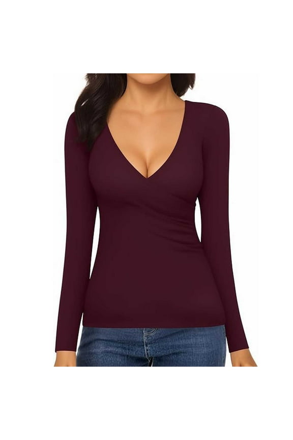 Women's Wrap Ruched Deep V Neck Slim Fit Long Sleeve Lined T Shirts for Women Tunic Tops Tee Casual RD3 L